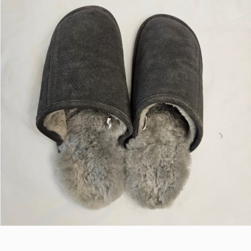 Tilley Premium Shearling Lined Slip On Grey Leather Slipper Rubber Sole …